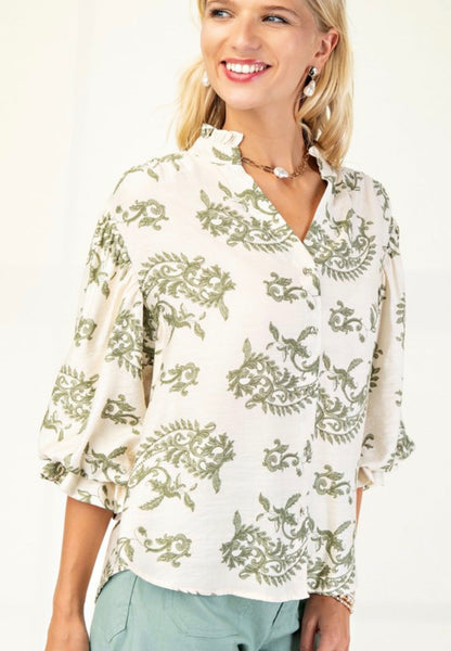 Sage Mix Button Down Top