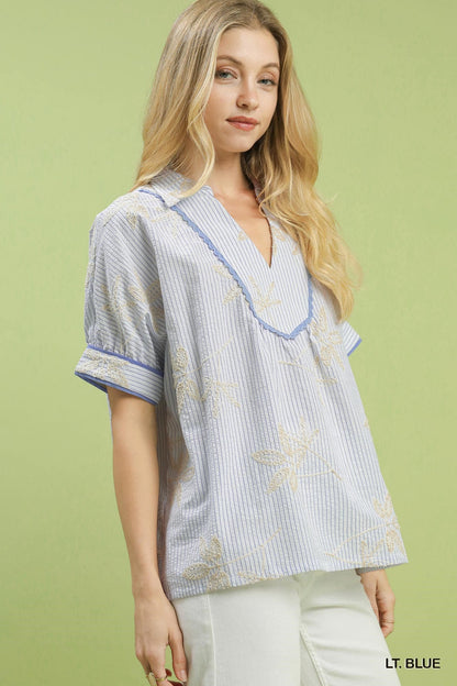 UMGEE Stripe Embroidered Top Light Blue