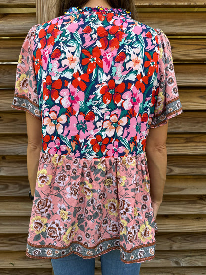 UMGEE Navy Mix Printed Smocked Shoulder Top