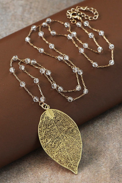 Glass Crystal Beaded Leaf Pendant Necklace