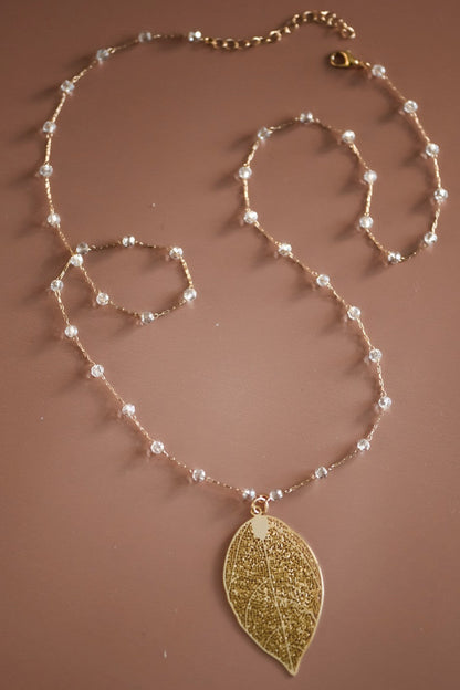 Glass Crystal Beaded Leaf Pendant Necklace