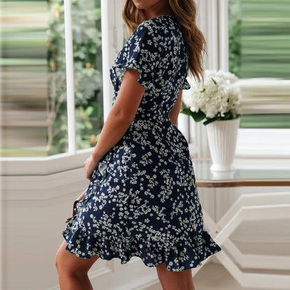 Robe bleue boho imprimé fleuri volants