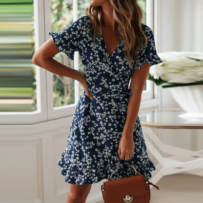 Robe bleue boho imprimé fleuri volants