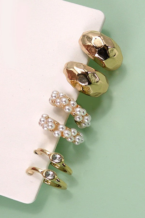 Huggie Hoop Pearl Diamond Trio Earring Set