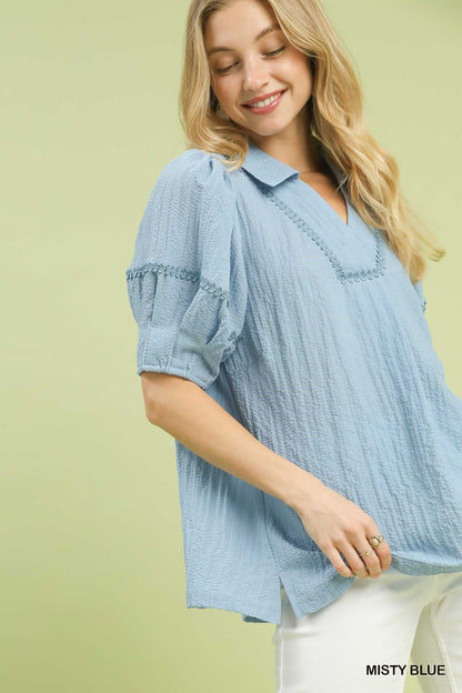 UMGEE Textured Lace Trim Top Misty Blue