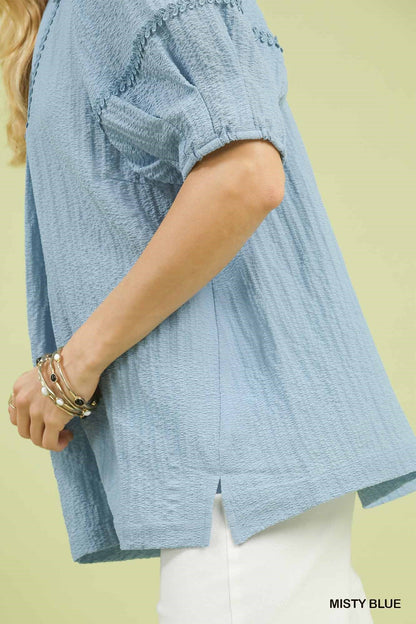 UMGEE Textured Lace Trim Top Misty Blue