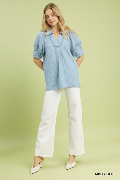 UMGEE Textured Lace Trim Top Misty Blue