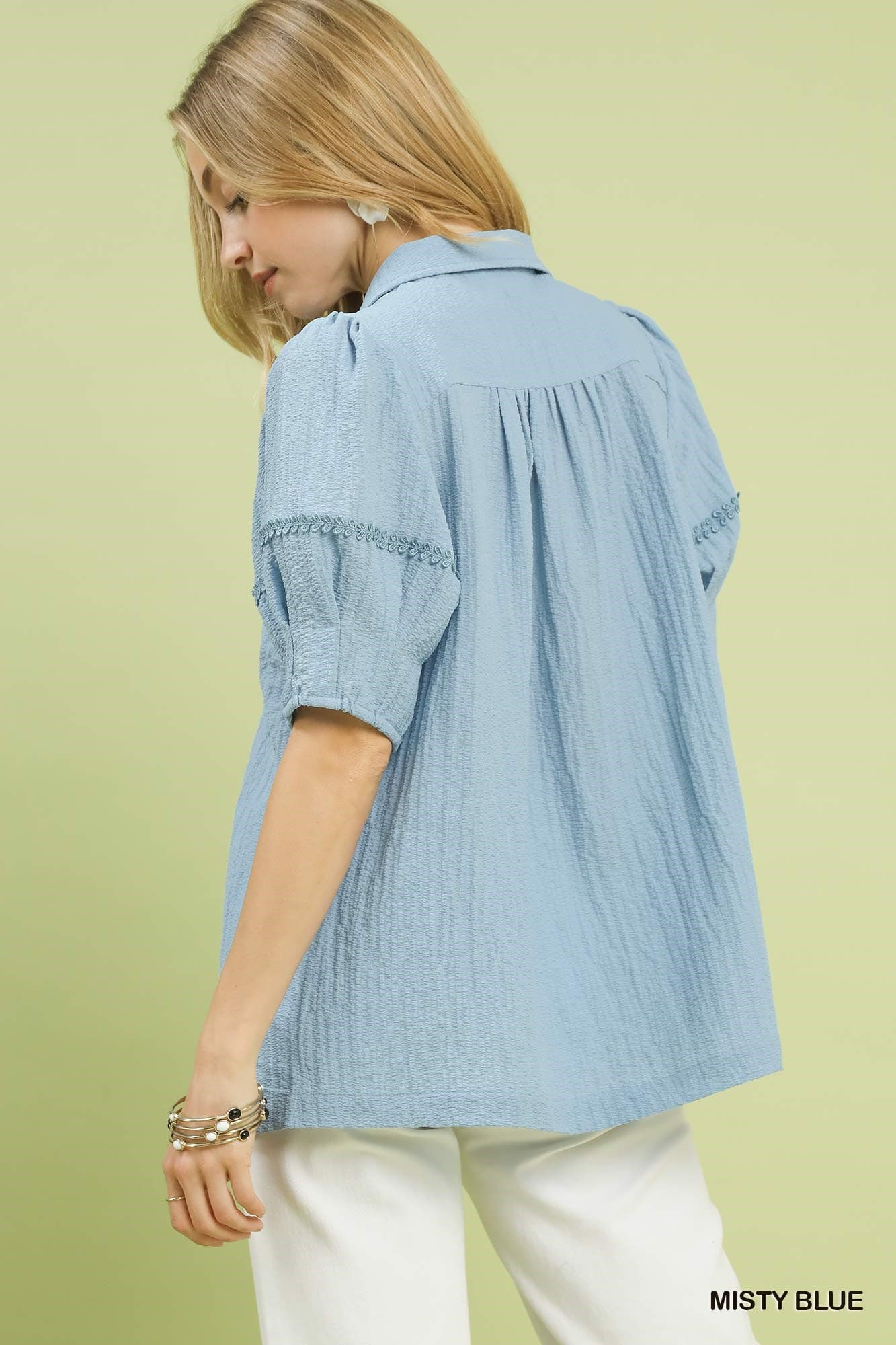 UMGEE Textured Lace Trim Top Misty Blue