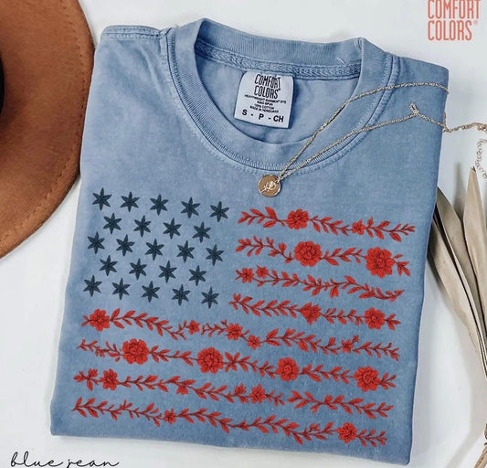 Comfort Colors Blue Floral Flag Tee
