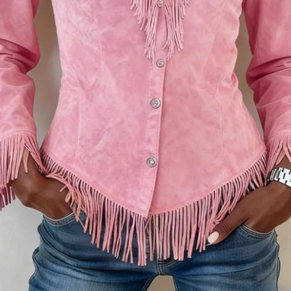 Zanea - Soft-Touch Fringed Button-Up Blouse