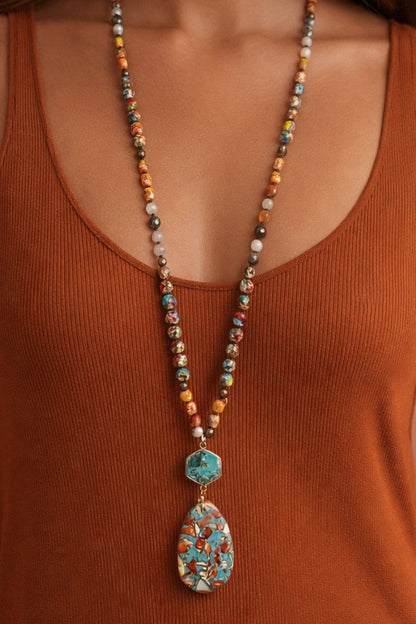 Natural Stone Bead Necklace with Aqua Teal Sea Stone Pendant