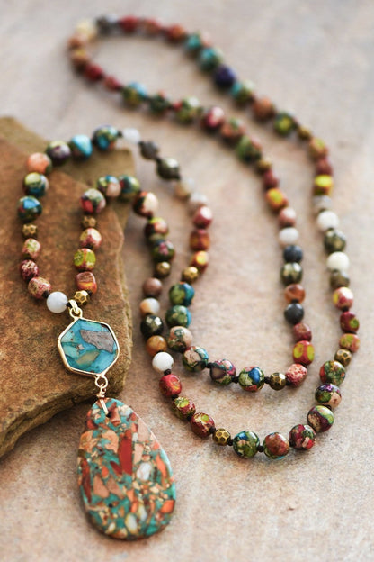 Natural Stone Bead Necklace with Aqua Teal Sea Stone Pendant