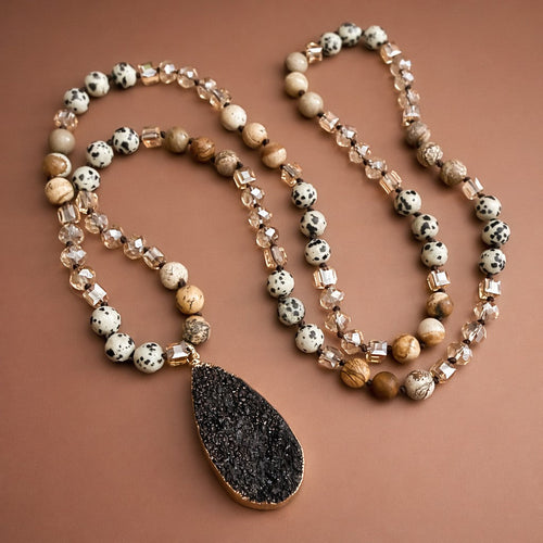 Natural Stone Bead Necklace with Black Druzy Pendant