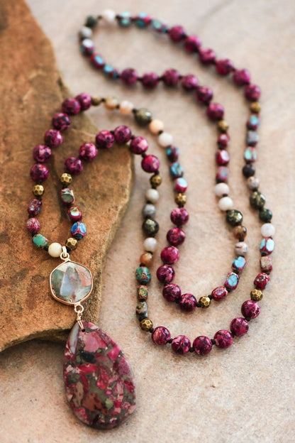 Natural Stone Bead Necklace with Fuchsia Sea Stone Pendant