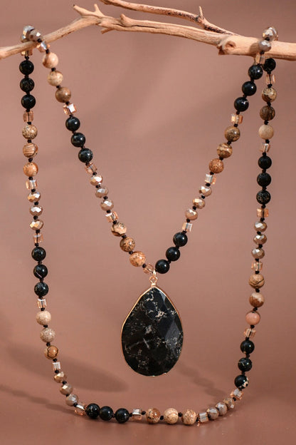 Natural Stone Bead Necklace with Onyx Stone Pendant
