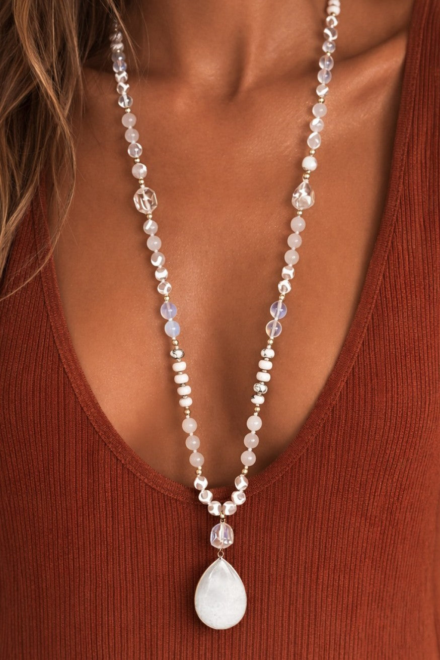 Natural Stone Bead Necklace with Snow Quartz Pendant