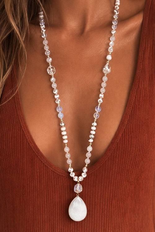 Natural Stone Bead Necklace with Snow Quartz Pendant