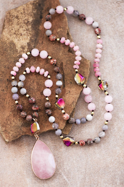 Natural Stone Bead Necklace with Rose Stone Pendant