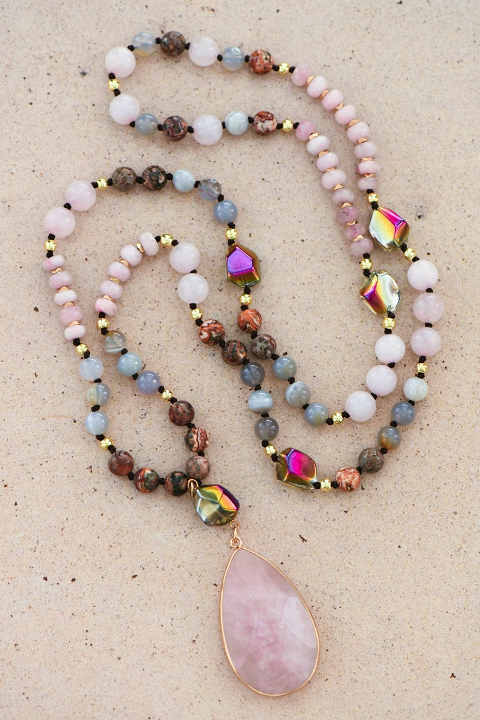 Natural Stone Bead Necklace with Rose Stone Pendant