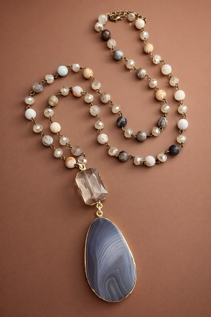 Natural Stone Bright Bead Necklace Neutral with Agate Pendant