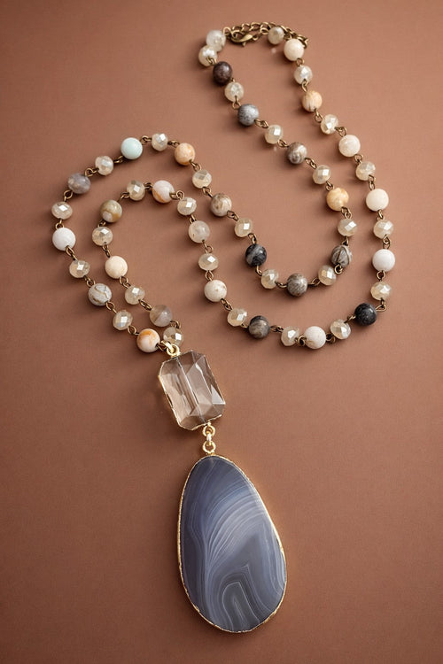 Natural Stone Bright Bead Necklace Neutral with Agate Pendant