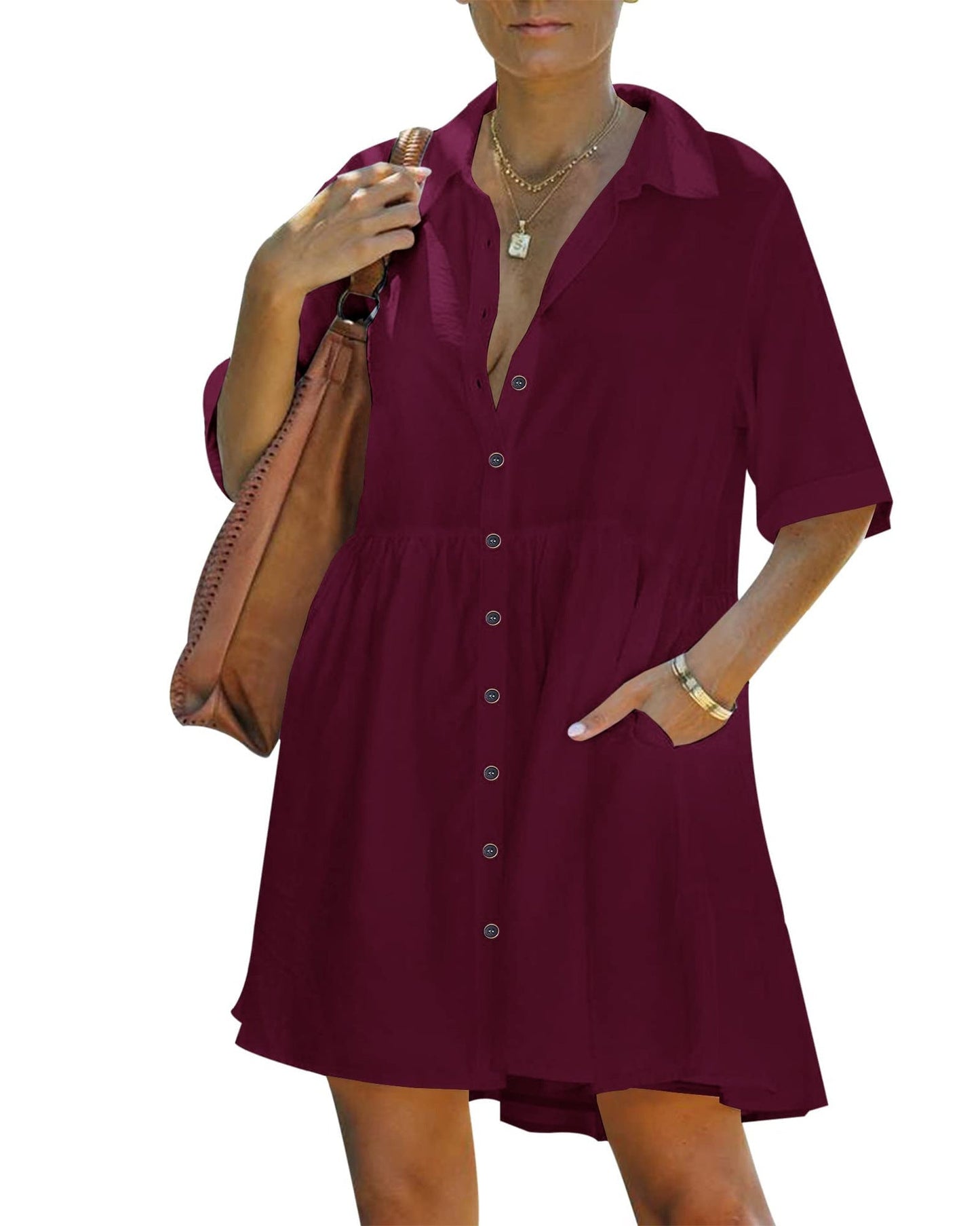 💃2026 Summer Hot Sale 70% OFF✨Women's Short Sleeve Button Down Textured Babydoll Dress Dress with Pockets