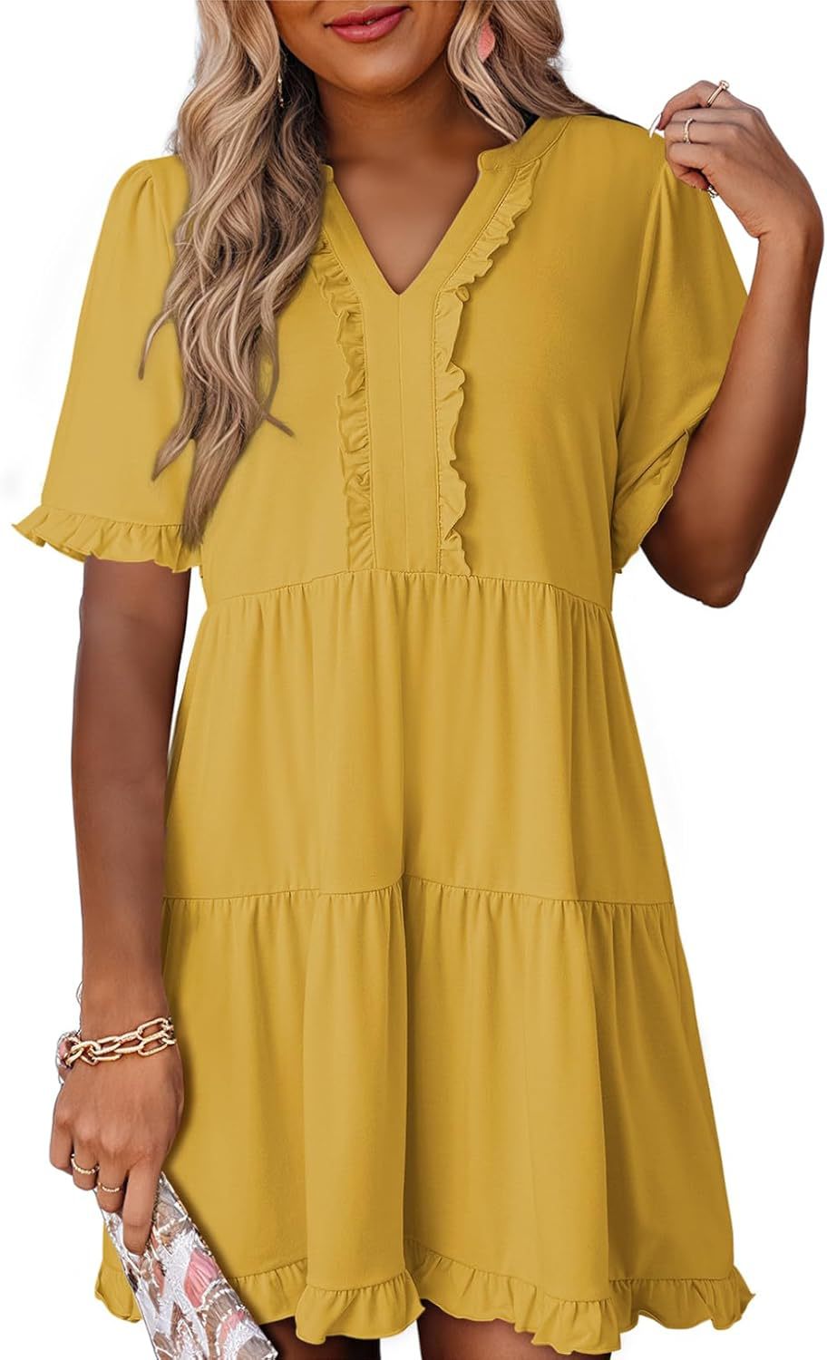 🔥🔥2026 Summer Hot Sale 50% OFF🌈Women's V Neck Ruffle Casual A-Line Flowy Swing Shift Dress