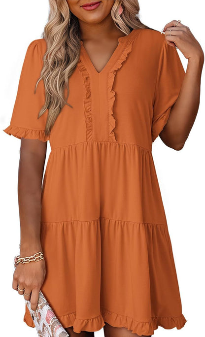 🔥🔥2026 Summer Hot Sale 50% OFF🌈Women's V Neck Ruffle Casual A-Line Flowy Swing Shift Dress