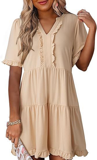 🔥🔥2026 Summer Hot Sale 50% OFF🌈Women's V Neck Ruffle Casual A-Line Flowy Swing Shift Dress