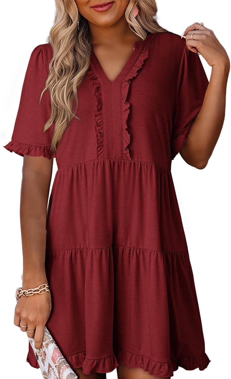 🔥🔥2026 Summer Hot Sale 50% OFF🌈Women's V Neck Ruffle Casual A-Line Flowy Swing Shift Dress