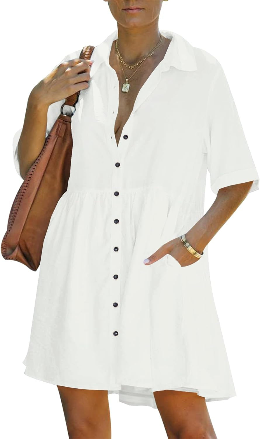 💃2026 Summer Hot Sale 70% OFF✨Women's Short Sleeve Button Down Textured Babydoll Dress Dress with Pockets