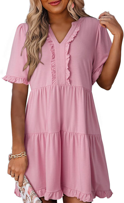 🔥🔥2026 Summer Hot Sale 50% OFF🌈Women's V Neck Ruffle Casual A-Line Flowy Swing Shift Dress