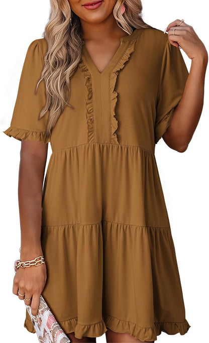 🔥🔥2026 Summer Hot Sale 50% OFF🌈Women's V Neck Ruffle Casual A-Line Flowy Swing Shift Dress