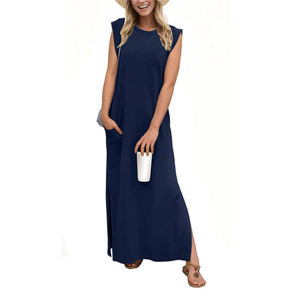 🎉2026 Hot Sale 49% OFF💃🌿Women's Crewneck Casual Loose Split Wrinkle-Free Long Dress