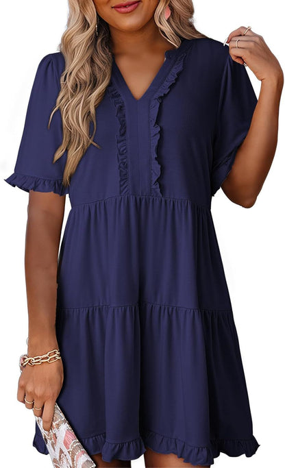 🔥🔥2026 Summer Hot Sale 50% OFF🌈Women's V Neck Ruffle Casual A-Line Flowy Swing Shift Dress