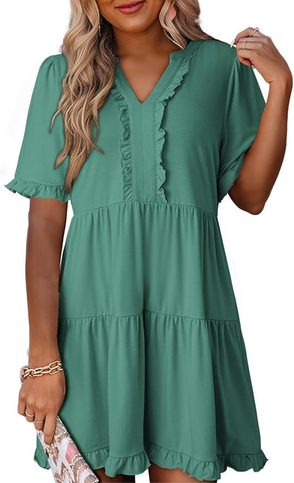 🔥🔥2026 Summer Hot Sale 50% OFF🌈Women's V Neck Ruffle Casual A-Line Flowy Swing Shift Dress