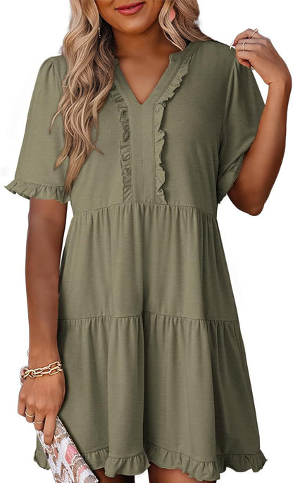 🔥🔥2026 Summer Hot Sale 50% OFF🌈Women's V Neck Ruffle Casual A-Line Flowy Swing Shift Dress