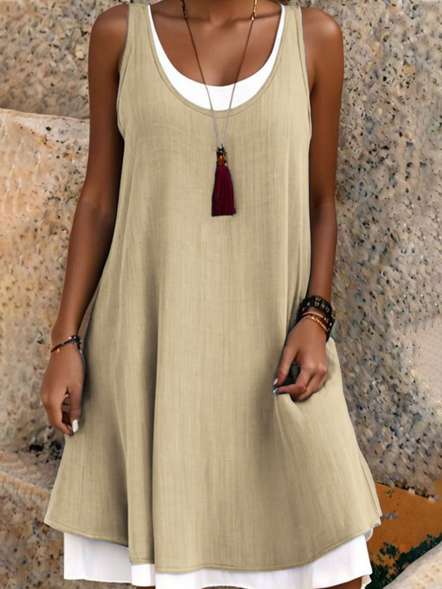 🌺Summer Hot Sale 50% OFF💐Women's Sleeveless Fake 2-Piece Dress