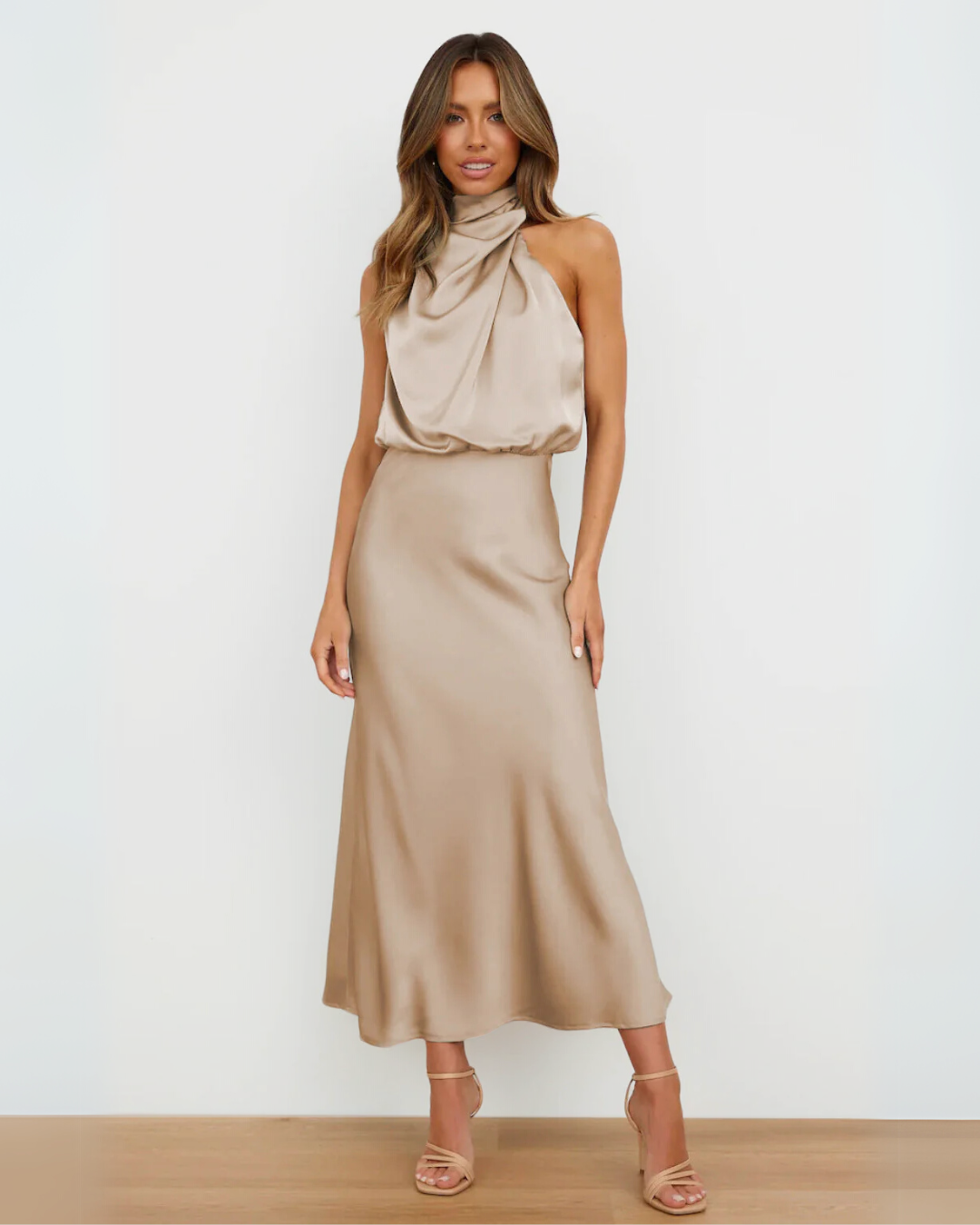 Melira - Regal High-Collar Maxi Dress