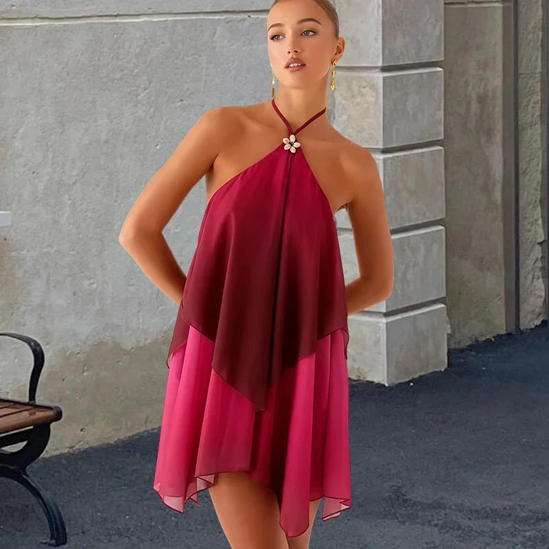 Robe courte chic rose dégradé à volants