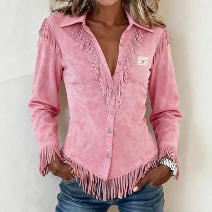 Zanea - Soft-Touch Fringed Button-Up Blouse