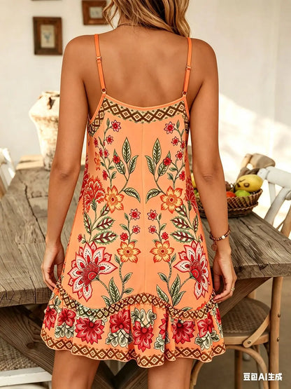 Robe Courte Décontractée Bohème à Imprimé Floral Sans Manches pour Femme