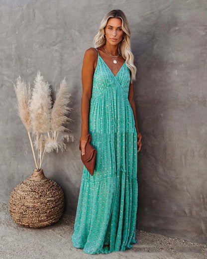Robe longue d’été verte bohème chic