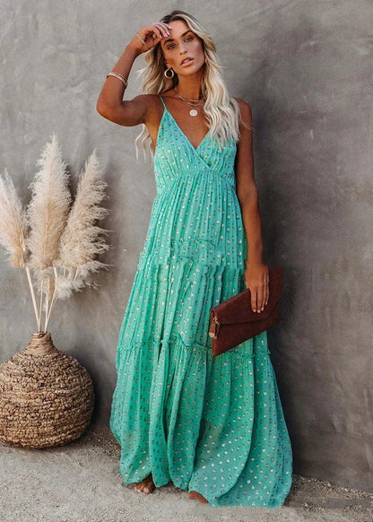 Robe longue d’été verte bohème chic