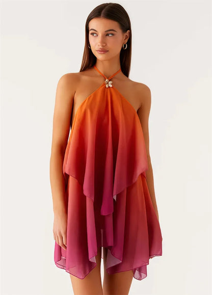 Robe courte chic rose dégradé à volants