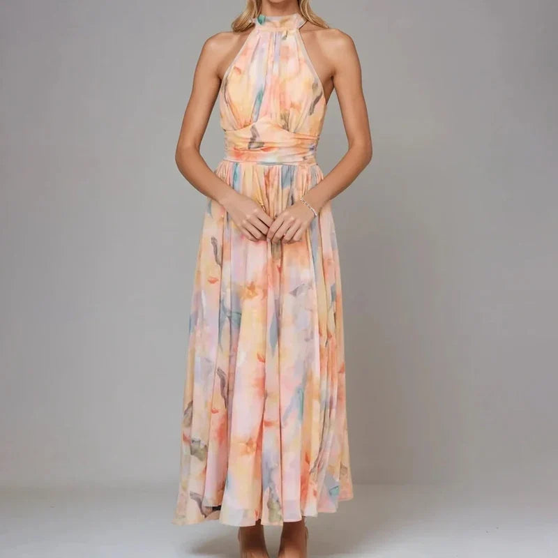 Robe d’été imprimée orange pour femme dos nu à col halter