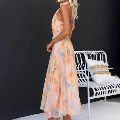 Robe d’été imprimée orange pour femme dos nu à col halter