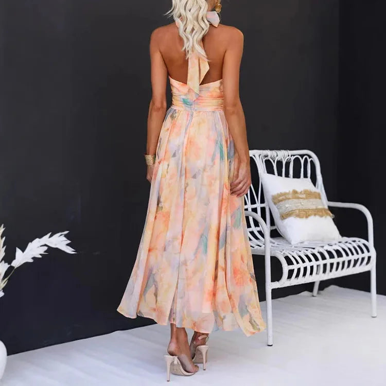Robe d’été imprimée orange pour femme dos nu à col halter