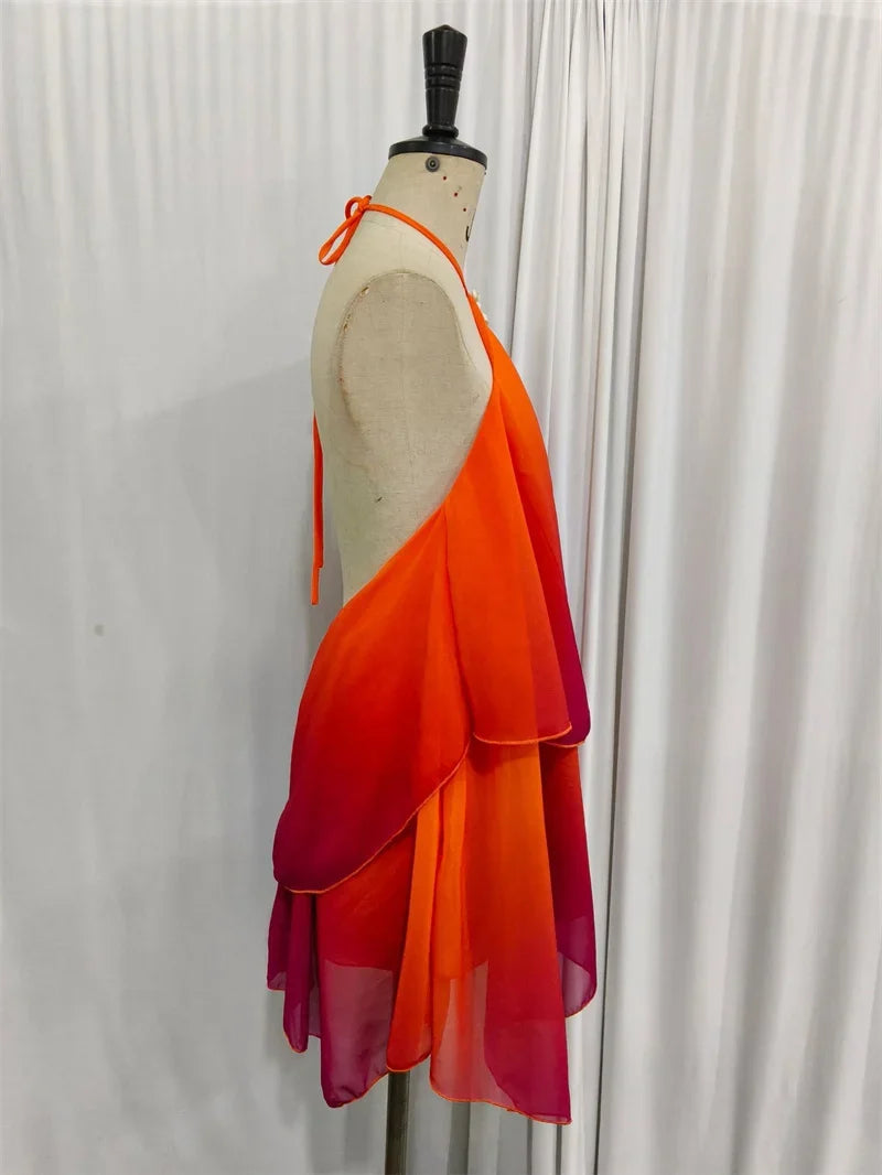 Robe courte chic rose dégradé à volants