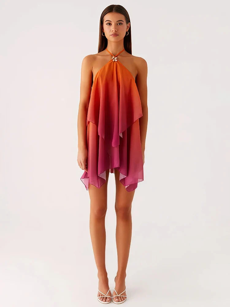Robe courte chic rose dégradé à volants